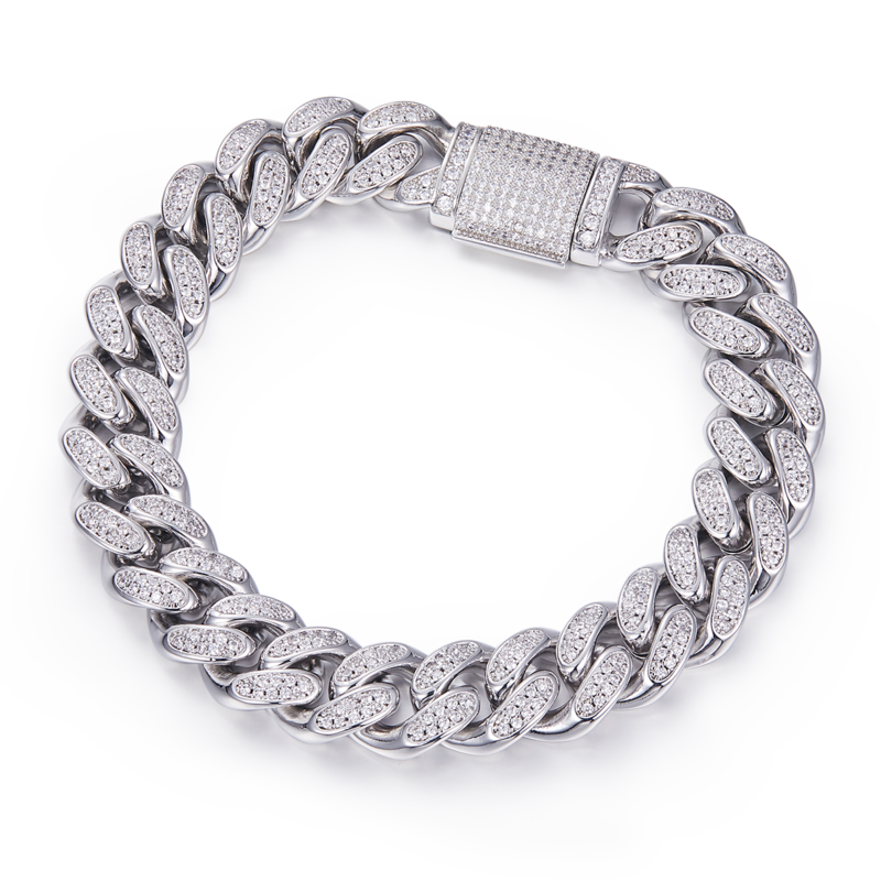 12mm宽Cuban ChainS925银镶Moissanite厘石圆形白色DVVS